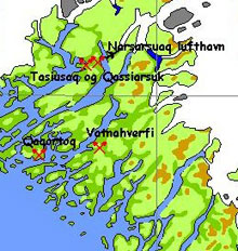 Map that shows the location of the Greenlandic Arboretum