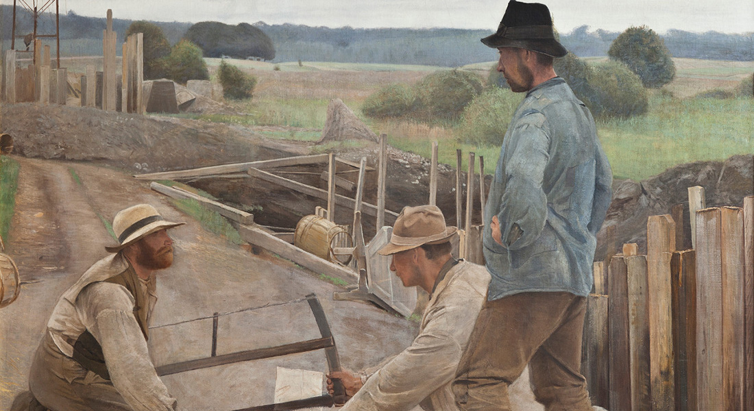 Arbejdere ved en vandledning ved Søndersø. Fuglsang Kunstmuseum