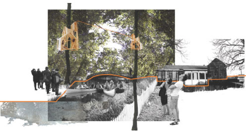 Collage med elementer af natur, by og mennesker