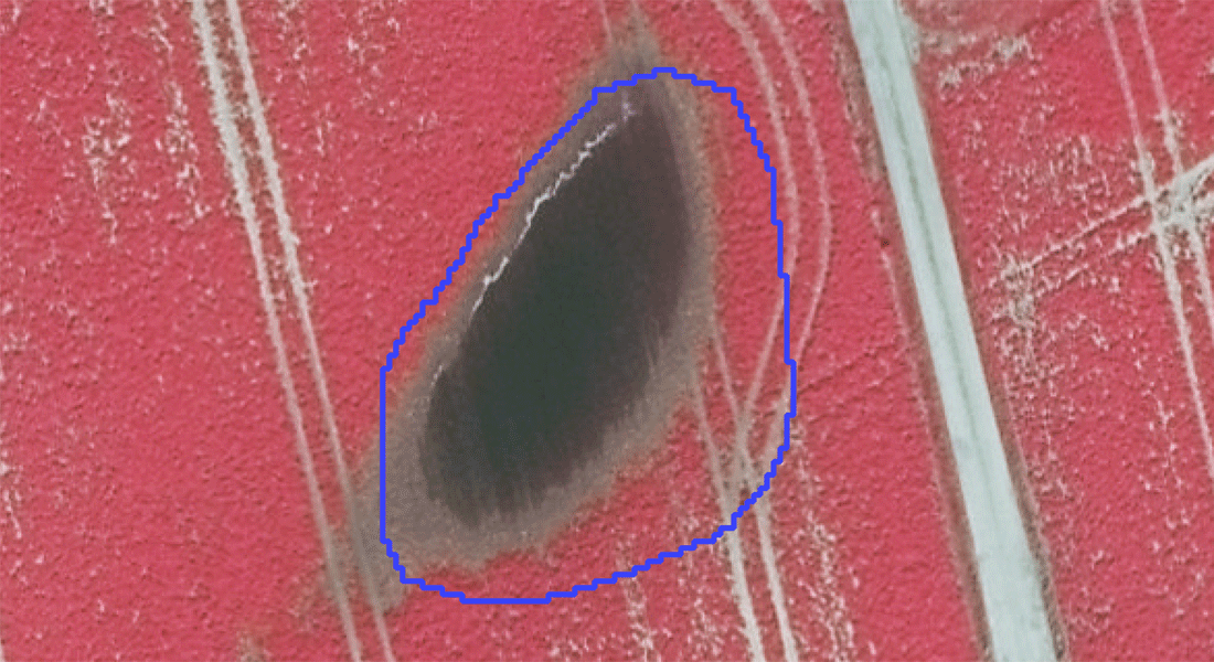Her ses tydeligt en oversvømmet mark, og sprøjtesporet der svinger uden om den oversvømmede del af marken (billedet viser et såkaldt false color composite, hvor vegetation fremstår med røde farver). Foto fra google